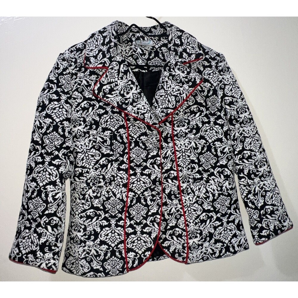 Vintage Isabella’s Journey Black & White Floral Blazer With Red Trim‎ Sz S/M
